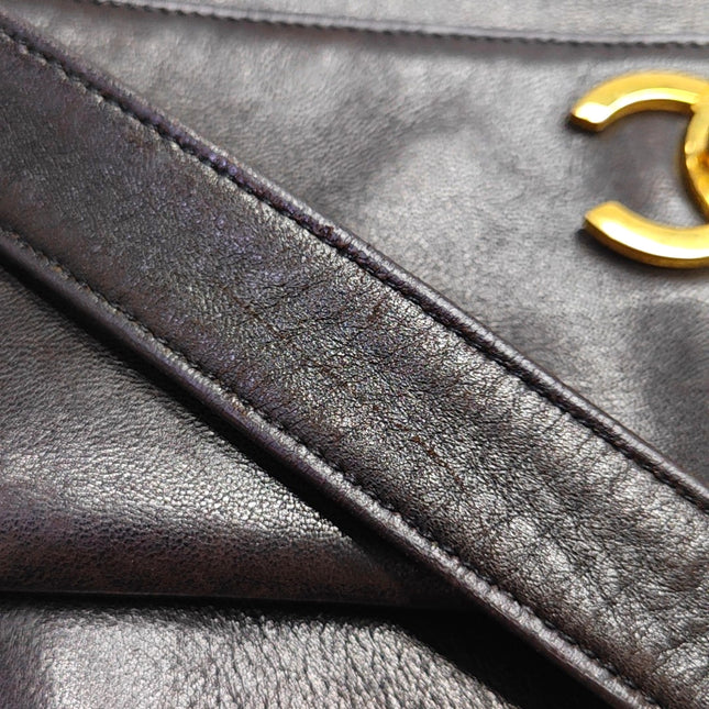 Chanel Vintage Front Pocket Tote Chocolate Brown Leather Double Gold Leather Chain