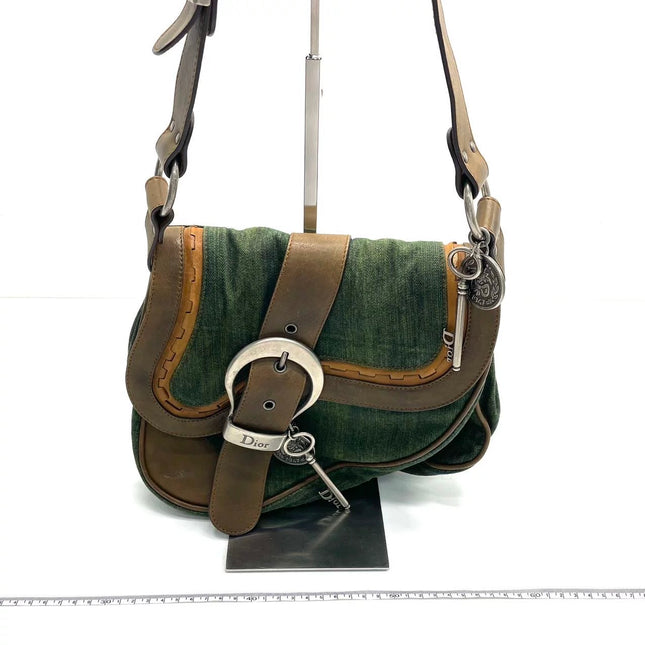 Dior Vintage Gaucho Large Green Denim Brown Leather Crossbody Bag