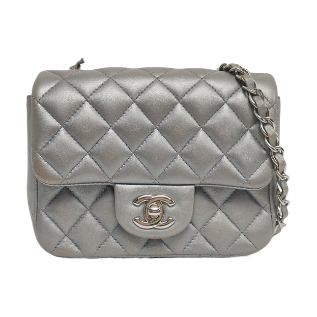 Chanel Classic Flap Mini Square Silver Lambskin Leather-Luxbags