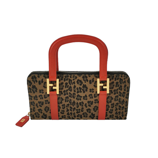 Fendi Clutch Denim Leopard Print with Red Leather Handles-Luxbags