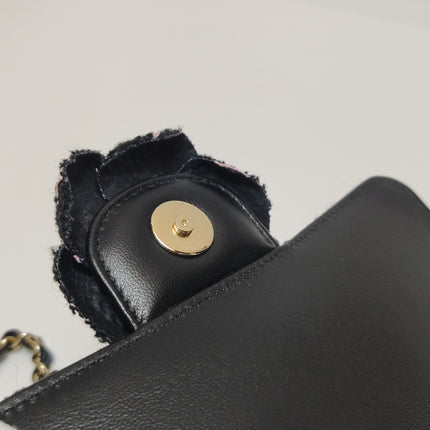 Chanel Mini Rectangular Tweed Flap Bag Black Pink Camellia Single Chain Crossbody