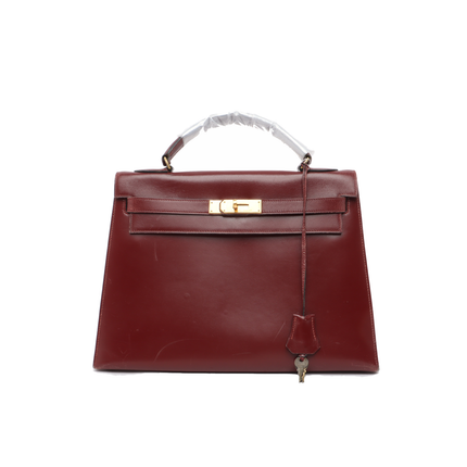 Hermes Kelly 32 Sellier Burgundy Box Leather Gold HW 1987-Luxbags