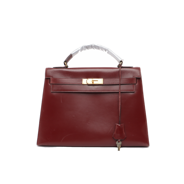 Hermes Kelly 32 Sellier Burgundy Box Leather Gold HW 1987-Luxbags