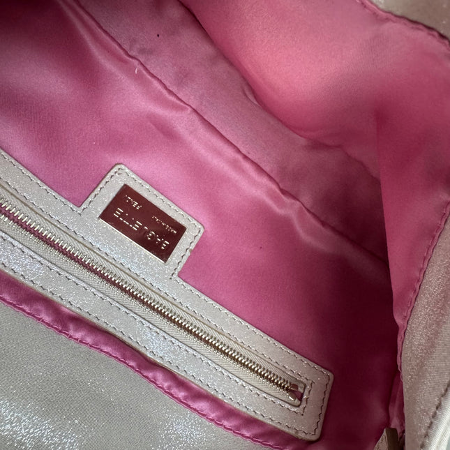 FENDI Baguette 1997 White Pearlescent Fabric Crystal Buckle Shoulder Bag