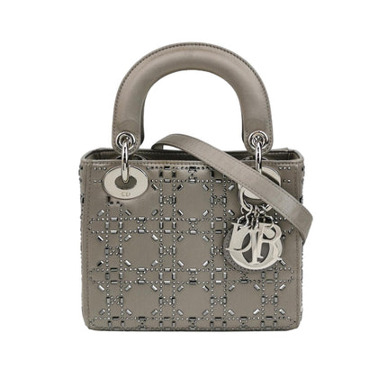 Lady Dior Mini Grey Silk with Crystals Silver Hardware