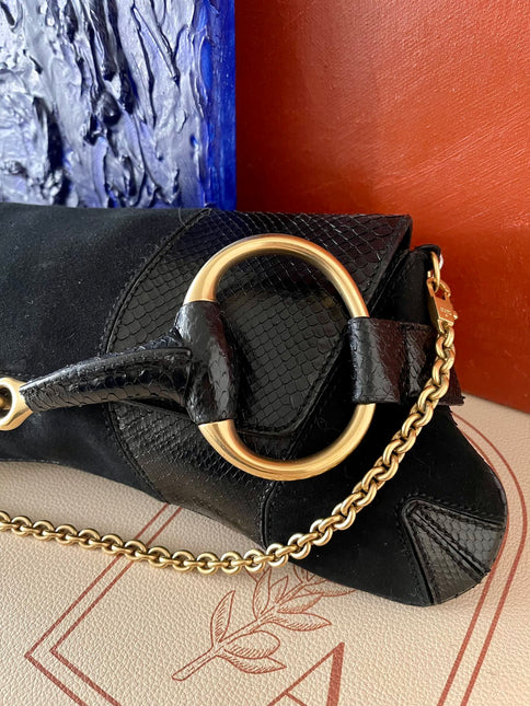 Gucci Horsebit 1955 Large Black Suede and Python-skin Leather Shoulder Bag