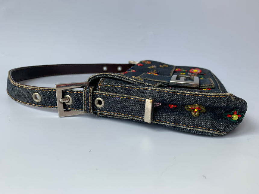 Sold FENDI Baguette Blue Denim with beaded Flower Embroidery