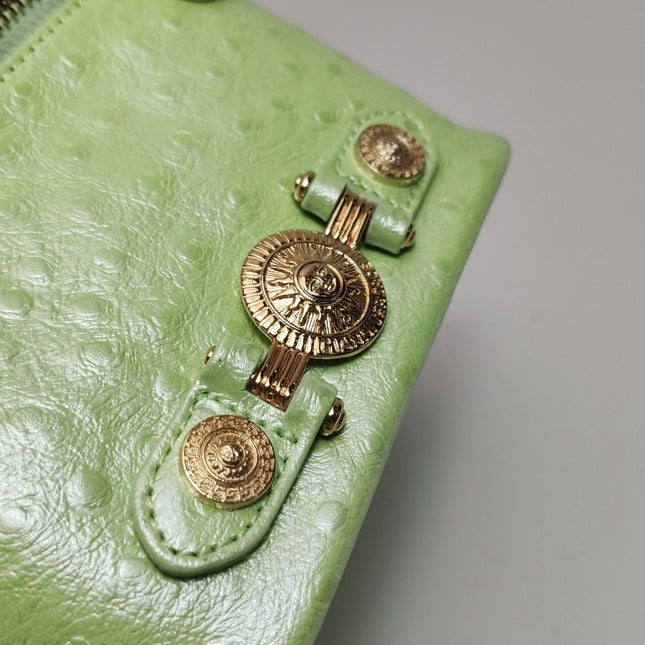 Versace Vintage Logo Sun Vanity Bag Green Calfskin Leather Gold Hardware