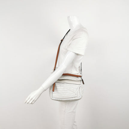 Loewe Puzzle Small Leather Woven Braided White Crossbody Bag