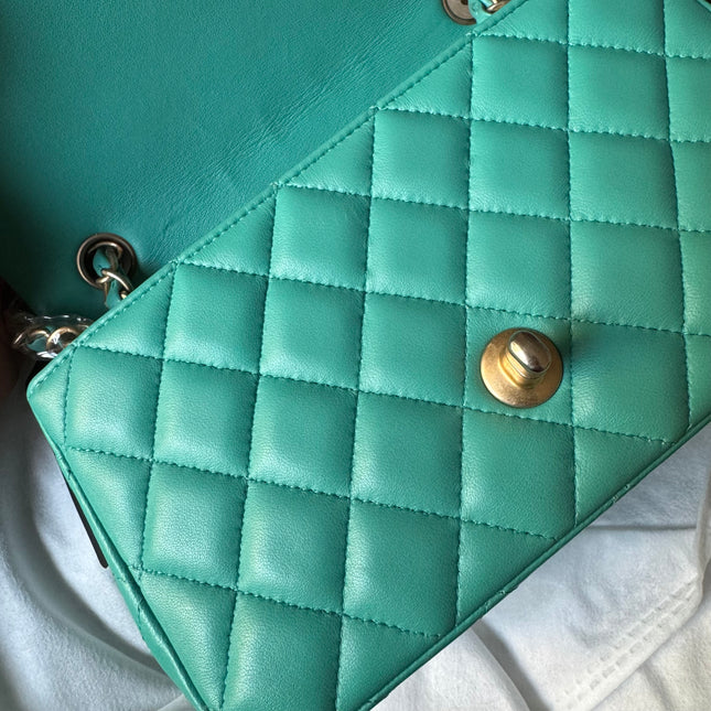 Chanel Classic Flap Mini 2018 Turquoise Blue Green Lambskin Leather Gold Hardware