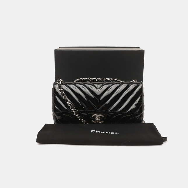 Sold Chanel Baguette Flap Shoulder Bag Chevron Black Patent Leather Silver Double Chain