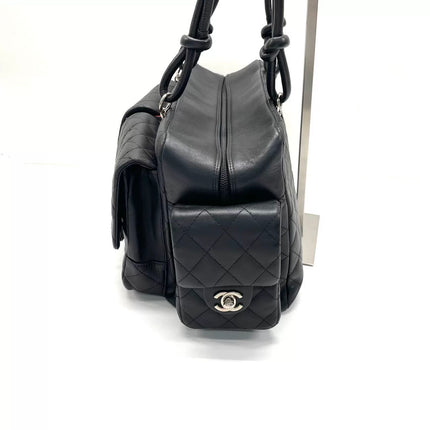 Chanel Cambon Multi-pocket Ligne Reporter Bag Large Black Calfskin Leather White Logo