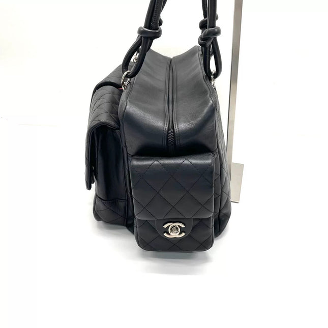 Chanel Cambon Multi-pocket Ligne Reporter Bag Large Black Calfskin Leather White Logo