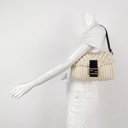 Fendi Baguette Bag White Crochet Knit Wool Pompom Shoulder Bag