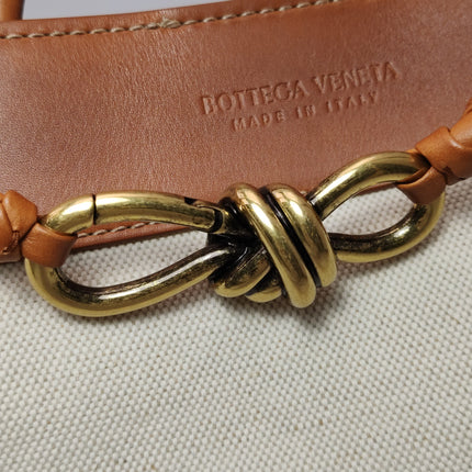 Bottega Veneta Small Andiamo Tan Brown Leather and Beige Canvas Handbag