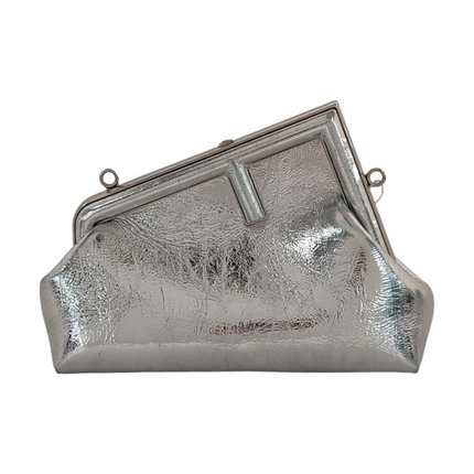 Fendi First Small Silver Shiny Calfskin Leather Clutch with Shoulder Strap-Luxbags