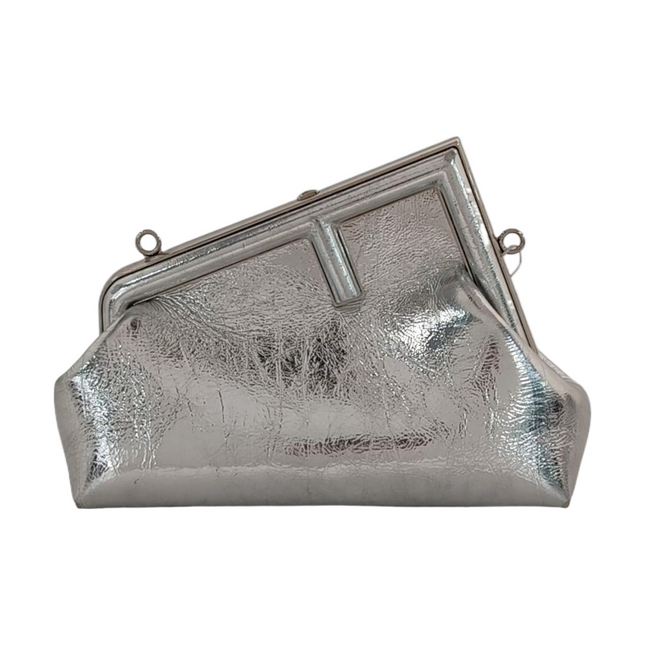 Fendi First Small Silver Shiny Calfskin Leather Clutch with Shoulder Strap-Luxbags
