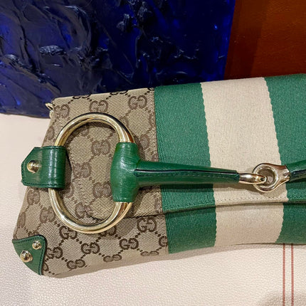 Gucci Horsebit 1955 Chain Cloth Gucci Monogram Green Leather and Gold Studs