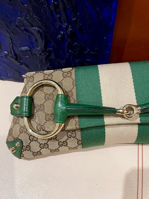 Gucci Horsebit 1955 Chain Cloth Gucci Monogram Green Leather and Gold Studs