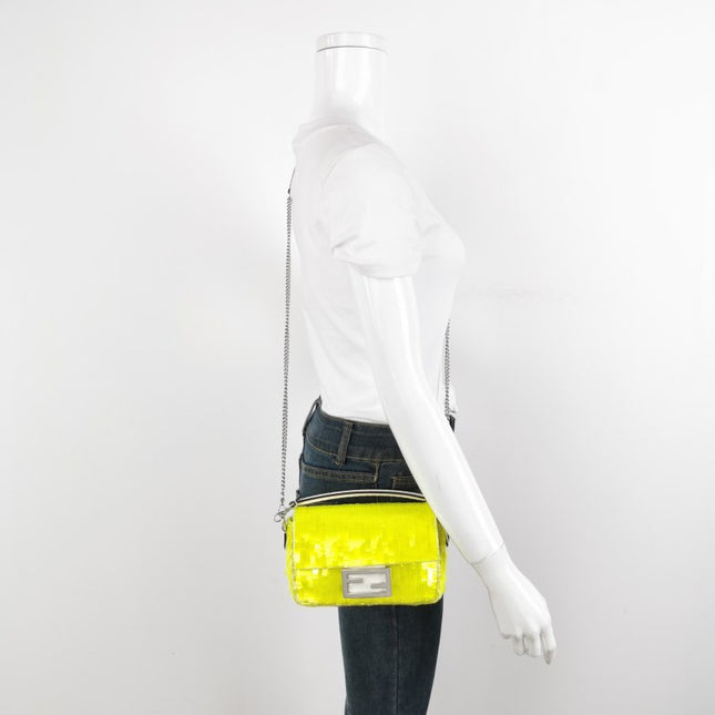 Sold Fendi Baguette Mini Neon Lime Green Sequins Chain Strap Crossbody Bag