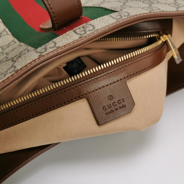 Gucci Jackie 1961 Large Brown Leather and Monogram Web with Long Strap