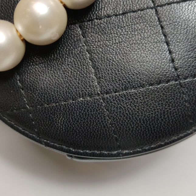 Chanel Round Black Lambskin Leather Crossbody Bag with Matelasse Chain and Pearls