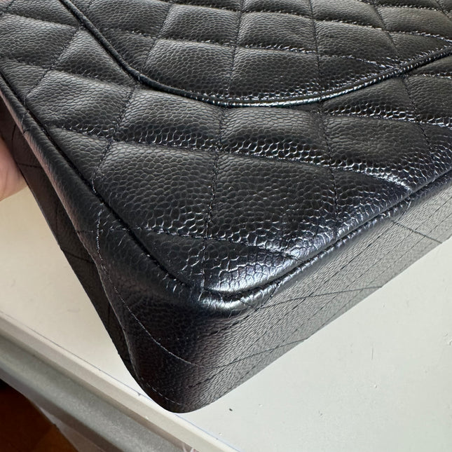Sold Chanel Classic Flap Jumbo Black Caviar Leather Double Flap with Silver Hardware, 2014