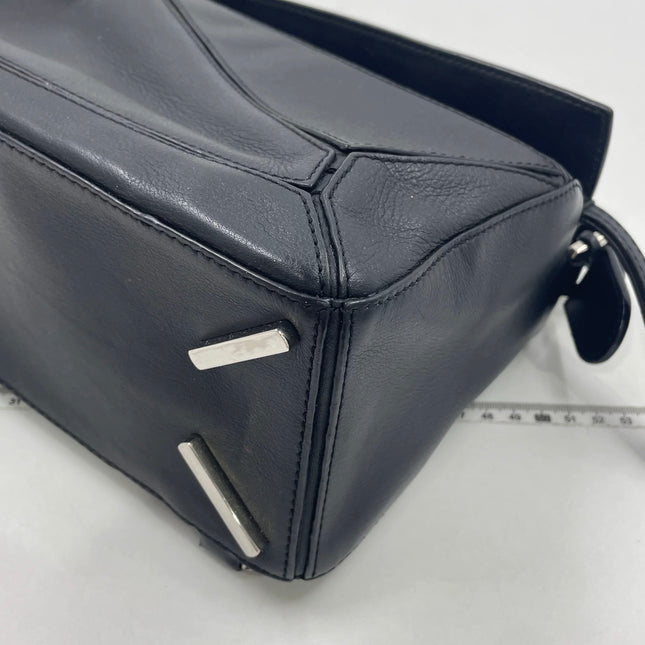 Loewe Puzzle Small Black Smooth Leather White Logo With Metal Feet