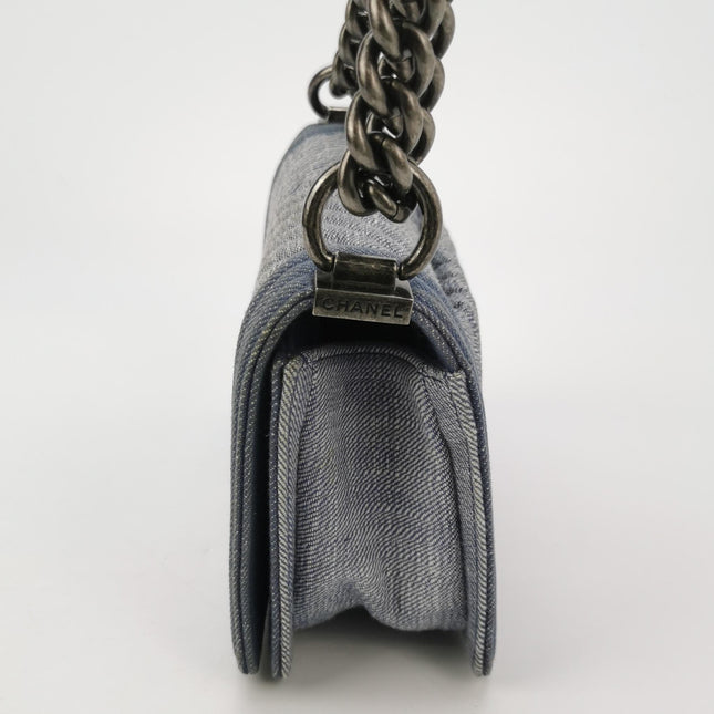 Chanel Le Boy Small Denim Blue Jeans Chevron Stitching Silver Hardware