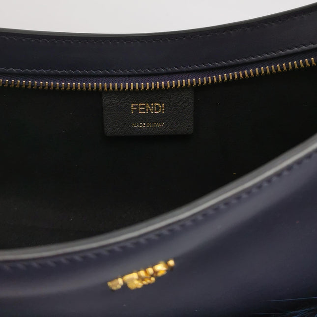 FENDI O Lock Navy Leather and Faux Fur Shoulder Bag