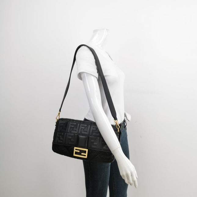 Sold Fendi Baguette Black Leather 3D FF Motif Crossbody Bag Large