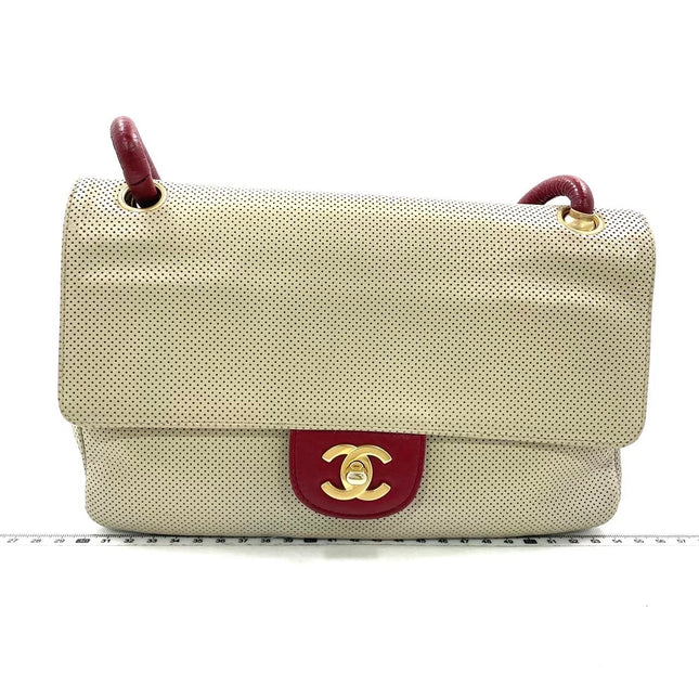 Chanel Vintage Classic Flap Bi-color Beige Perforated Leather and Red Leather Strap Bag, 2000-2002-Luxbags