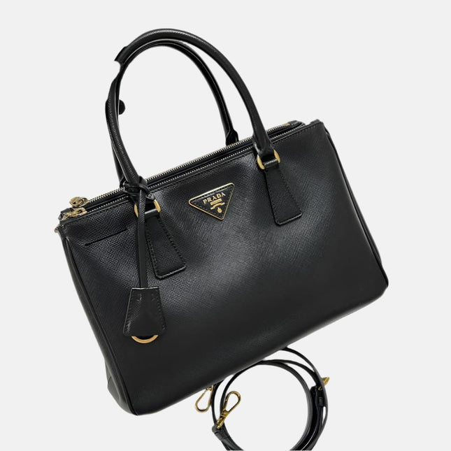 Prada Galleria Saffiano Leather Small Black Handbag with Strap-Luxbags