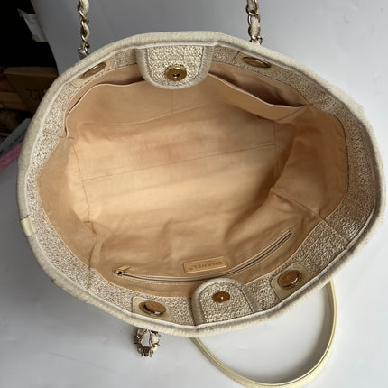 Chanel Deauville Tote Gold Beige Cloth Leather Chain Strap Small 34cm