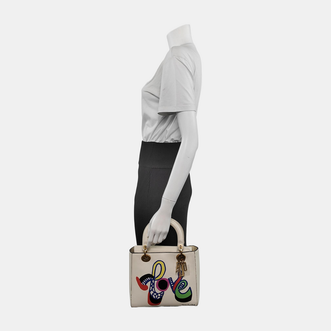 Lady Dior Medium Love White Calfskin Leather with Gold-tone Hardware