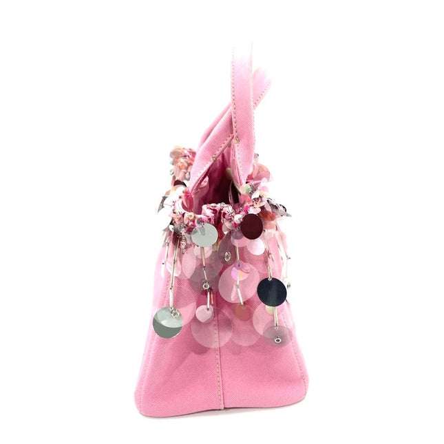 Prada Canape Small Pink Canvas with Sequins Top Handle Bag with Strap Rare