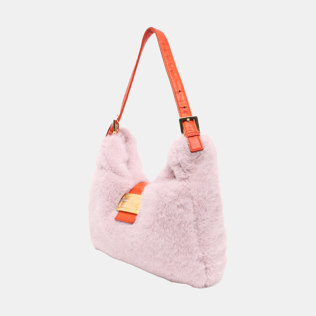 Fendi Baguette Soft Fluffy Shoulder Bag Pink and Orange Leather