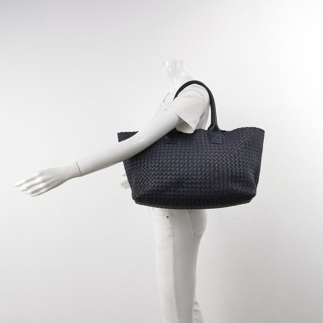 Bottega Veneta Cabat MM Intreccio Leather Tote Bag Navy 40cm