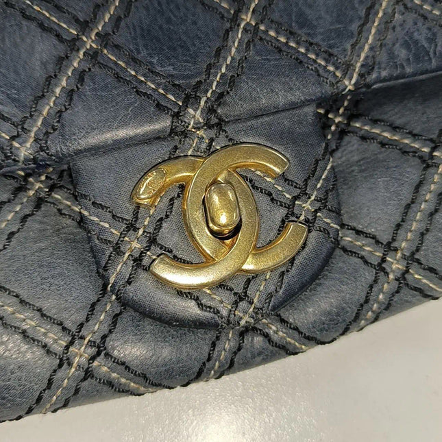 Sold Chanel Classic Flap 2014 Medium Navy Fabric Diamond Quilting Crossbody Bag