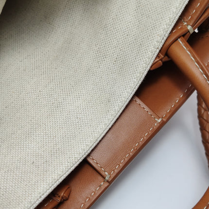 Bottega Veneta Small Andiamo Tan Brown Leather and Beige Canvas Handbag