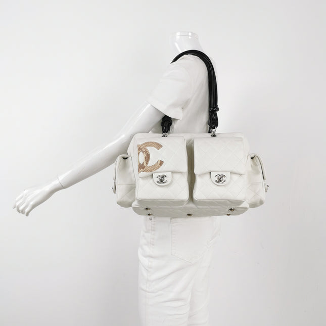 Chanel Cambon Multi-pocket Ligne Reporter Bag Large White Calfskin Leather