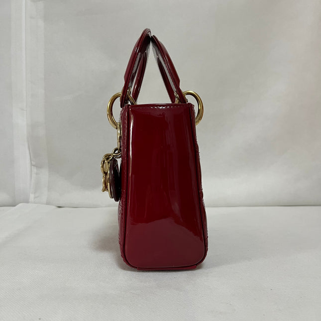Lady Dior Mini Handbag 2019 Burgundy Red Patent Leather Gold-tone Chain Strap