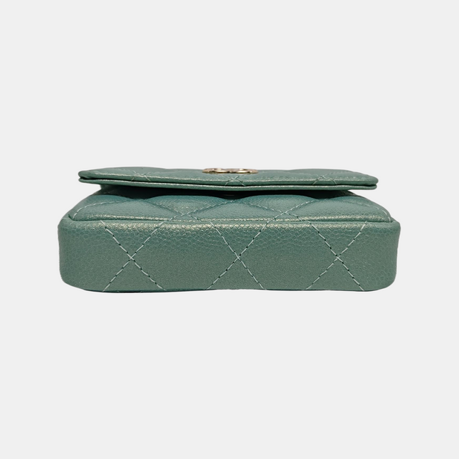 Chanel CC Pearl Coin Card Holder with Chain Quilted Green Caviar Leather Gold Hardware 2021