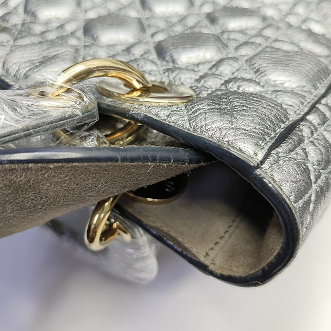 Lady Dior Small Supple Calfskin Leather Metallic Grey Cannage Handbag with Strap