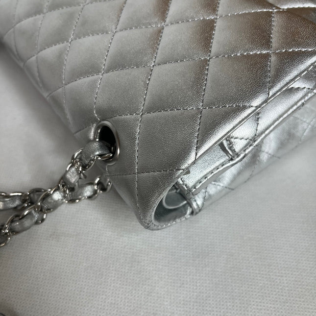 Chanel Classic Flap Medium Silver Lambskin Leather Silver Hardware