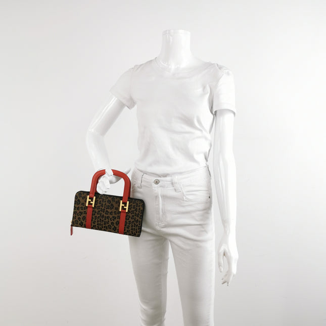 Fendi Clutch Denim Leopard Print with Red Leather Handles