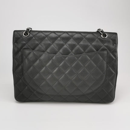 Chanel Classic Flap Maxi Black Caviar Leather Double Flap Sliver Hardware
