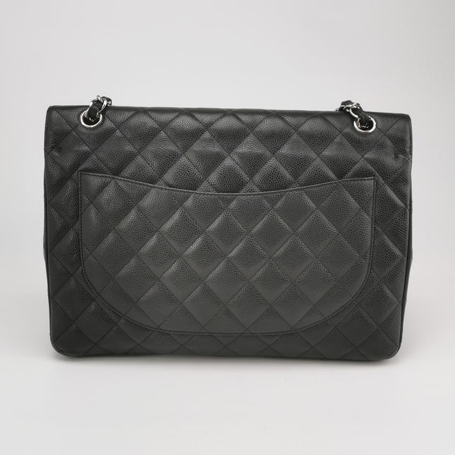 Chanel Classic Flap Maxi Black Caviar Leather Double Flap Sliver Hardware