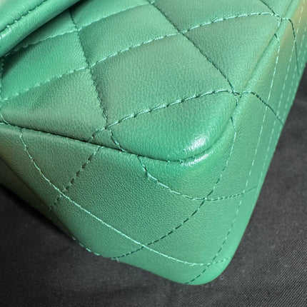 Chanel Classic Flap Mini Rectangular Green Lambskin Leather Silver Hardware
