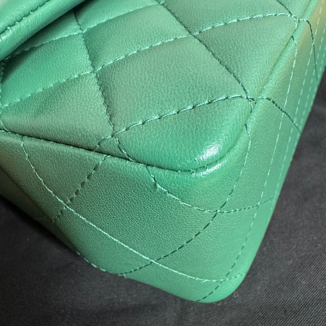 Chanel Classic Flap Mini Rectangular Green Lambskin Leather Silver Hardware